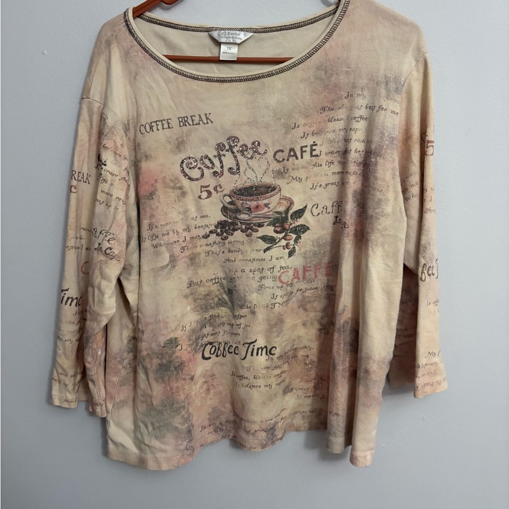 CJ Banks Coffee-Themed Long Sleeve Top - Cream and Brown